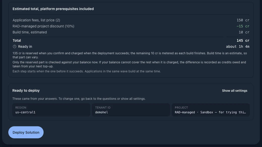 The priced summary at the end of Build Solution with AI: application fees at list price 150 credits, a 10% RAD-managed project discount of 15 and an estimated 10 credits of build time, totalling 145 credits, ready in about 1h 4m, with 135 reserved on confirming and 10 metered as each build finishes; below it a Ready to deploy panel carrying the region, tenant ID and RAD-managed sandbox project from the answers, and a Deploy Solution button