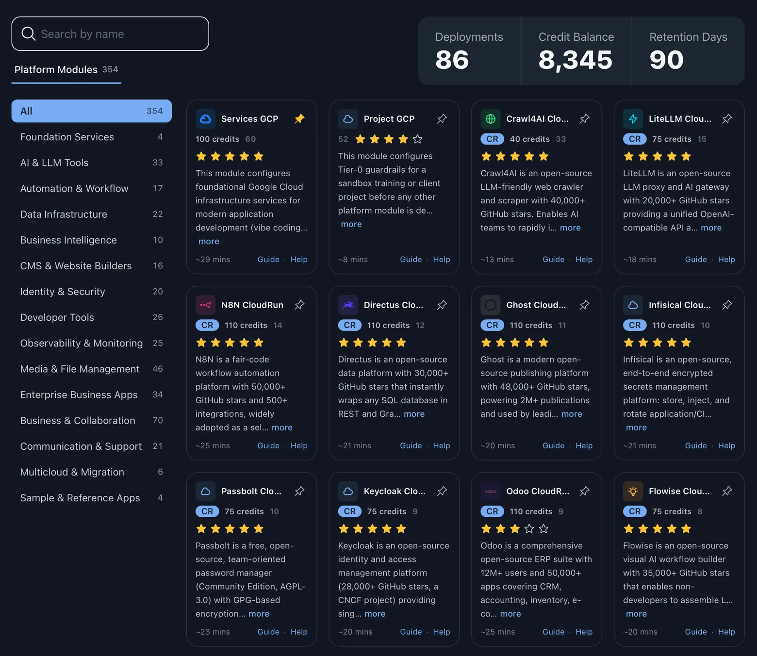 The RAD catalogue in the product: a searchable grid of module cards, each showing its credit cost, star rating and typical build time, with a category sidebar down the left