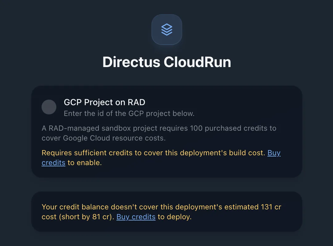 A RAD deploy form with the managed-project option disabled, explaining that a sandbox project requires 100 purchased credits and that the balance is 81 credits short of the deployment's estimated 131-credit cost