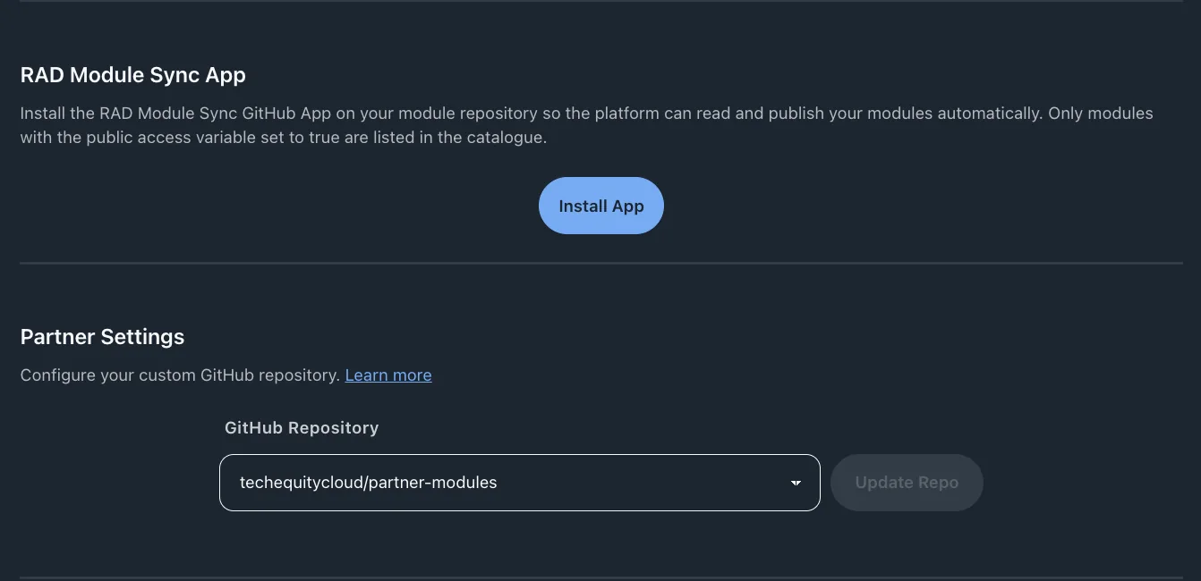 A partner's RAD settings: the RAD Module Sync GitHub App with an Install App button, and a Partner Settings panel naming the GitHub repository RAD reads modules from