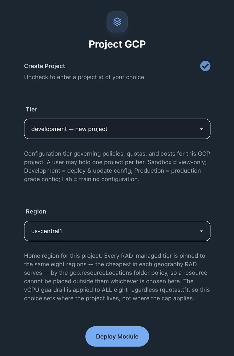 The Project GCP form in RAD: a Create Project toggle, a tier selector reading development, and a region selector reading us-central1