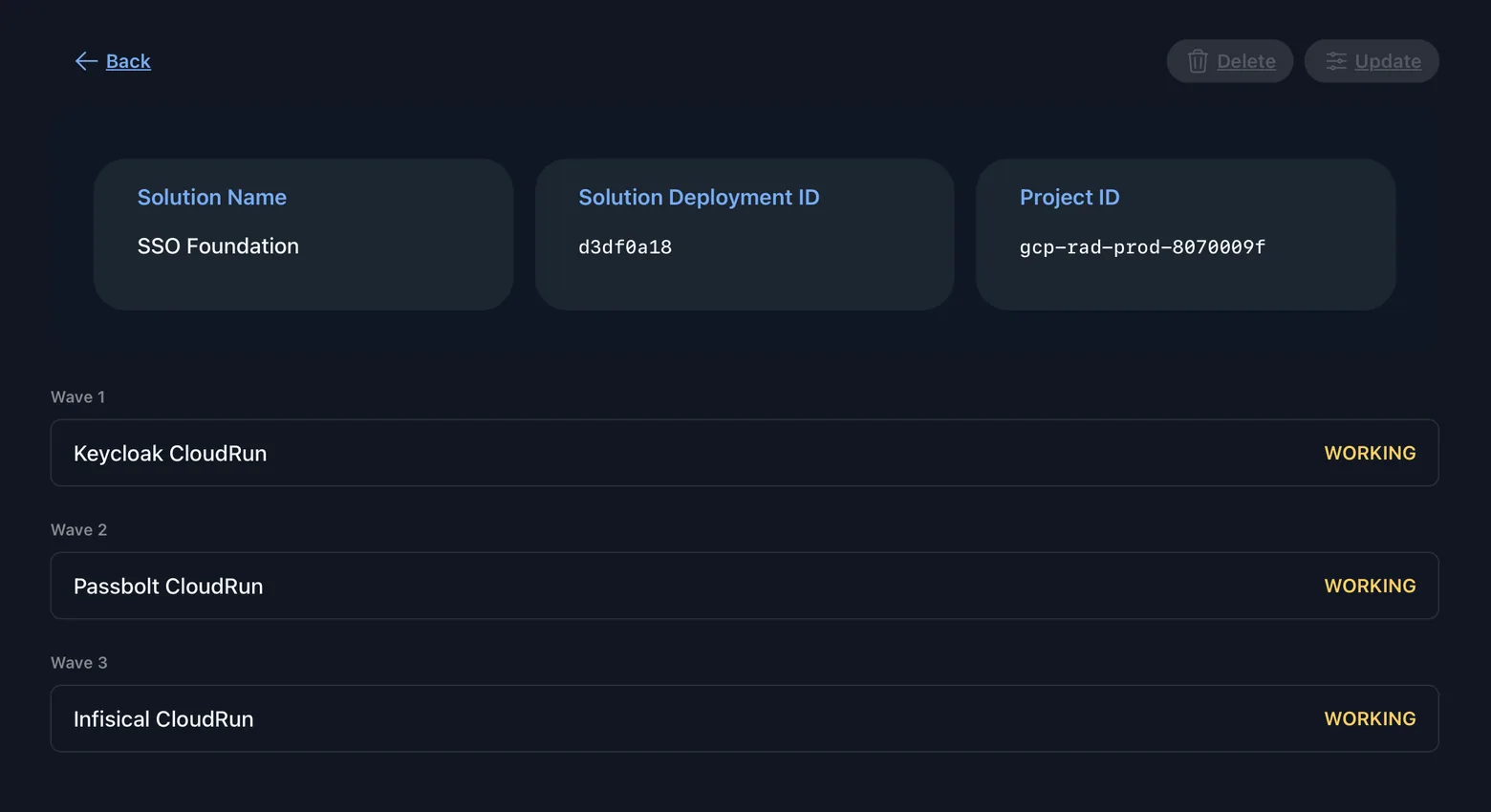 The SSO Foundation solution mid-deployment: Keycloak, Passbolt and Infisical, labelled Wave 1, Wave 2 and Wave 3, all showing status WORKING at the same time