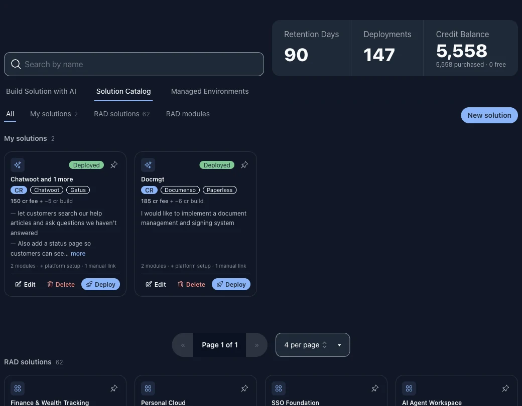 The Solutions page on the Solution Catalog tab, beside Build Solution with AI and Managed Environments, filtered to All: My solutions first, then RAD solutions, four of each per page, with a New solution button and the account's retention days, deployments and credit balance above