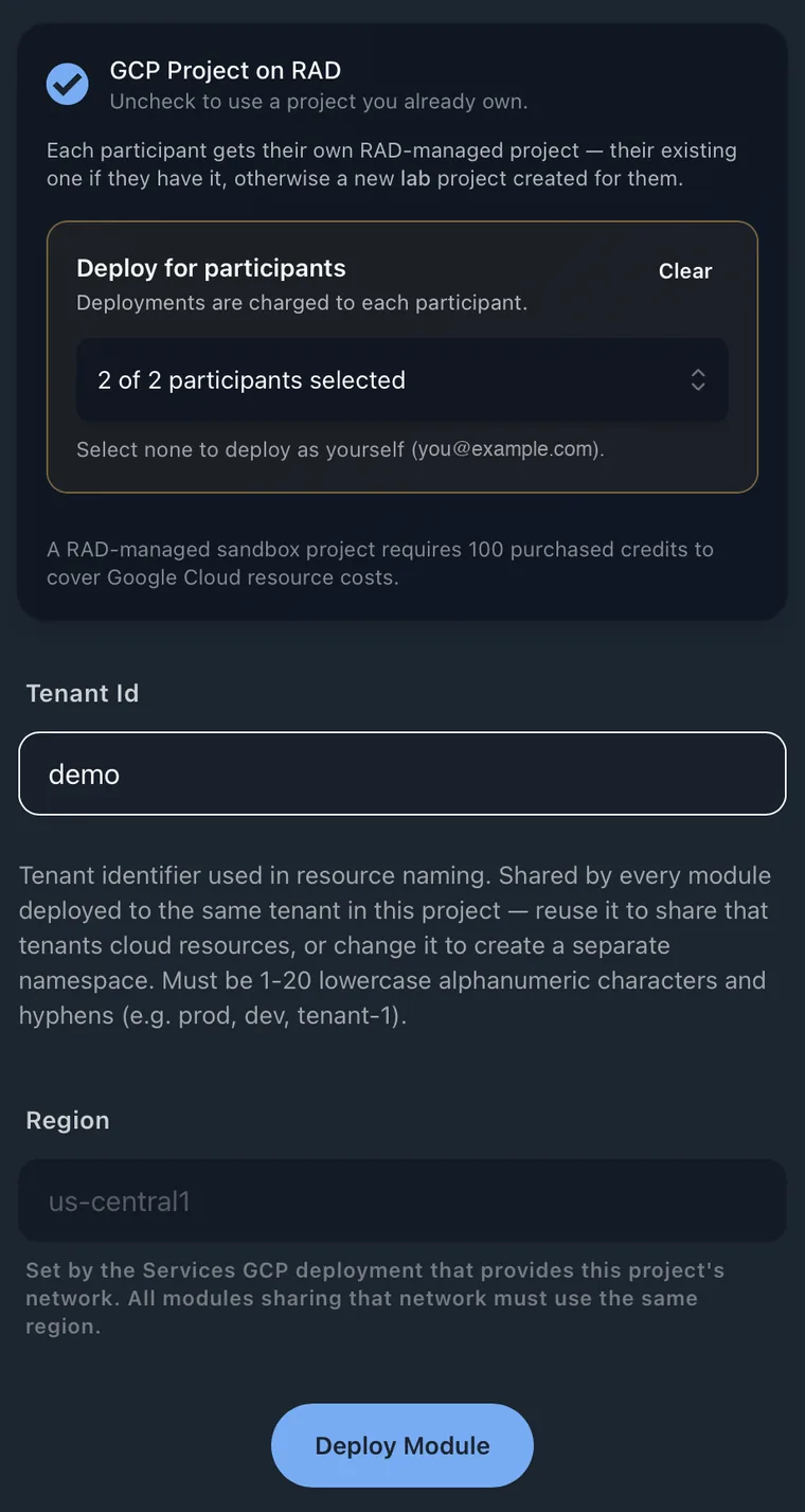 The RAD deploy form with a roster attached: a Deploy for participants panel reading 2 of 2 participants selected, above the ordinary Tenant Id and Region fields