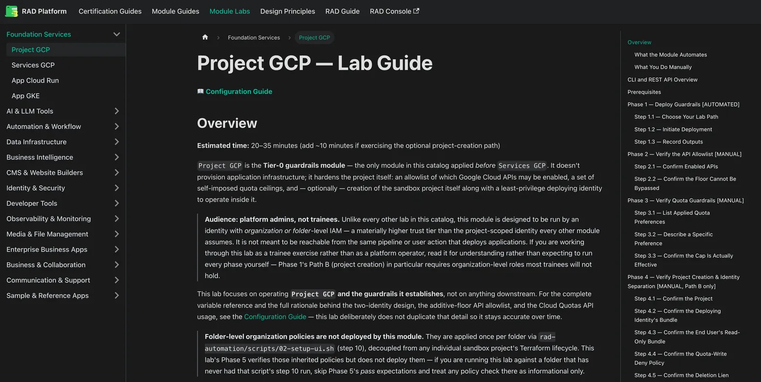 A published RAD lab guide for Project GCP: an estimated time of 20 to 35 minutes, an overview, and a right-hand contents list running from Prerequisites through five numbered phases of deploy and verify steps